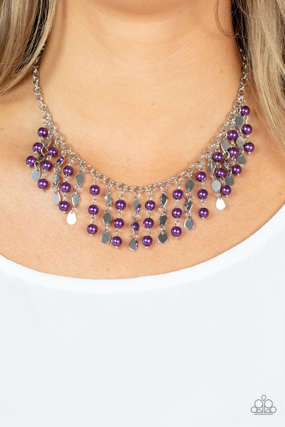 Tassels of stacked plum pearls and flat silver teardrops freefall from a classic silver chain, creating a timeless fringe below the collar