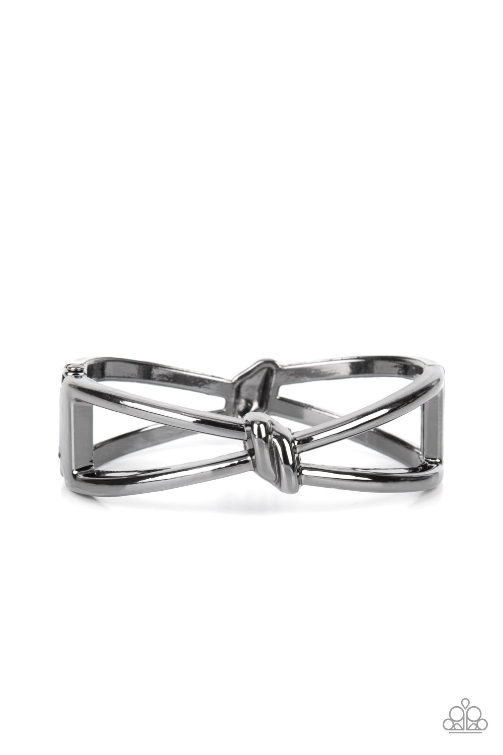 Striking gunmetal bars delicately knot at the top and bottom of the wrist, resulting in an edgy bangle-like bracelet