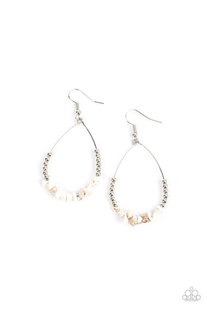 Dainty silver beads flank a row of refreshing white rock beads along a dainty silver wire, creating an earthy teardrop frame. Earring attaches to a standard fishhook fitting.
