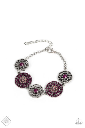 Bursts of faceted plum beads and sparkling light amethyst rhinestones radiate from the centers of antiqued silver frames, while smaller airy frames are dotted with plum centers