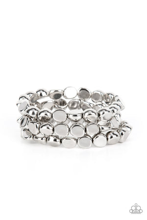 irregular stone shapes, a shiny series of silver beads are threaded along stretchy bands