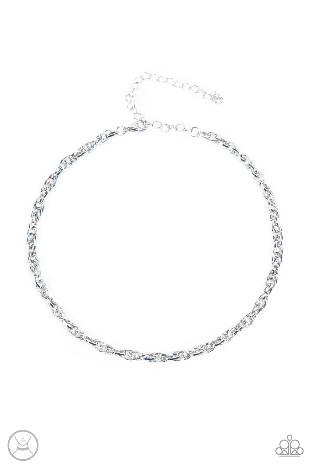 An ornately linked silver chain wraps around the neck, resulting in an edgy minimalist inspired grit