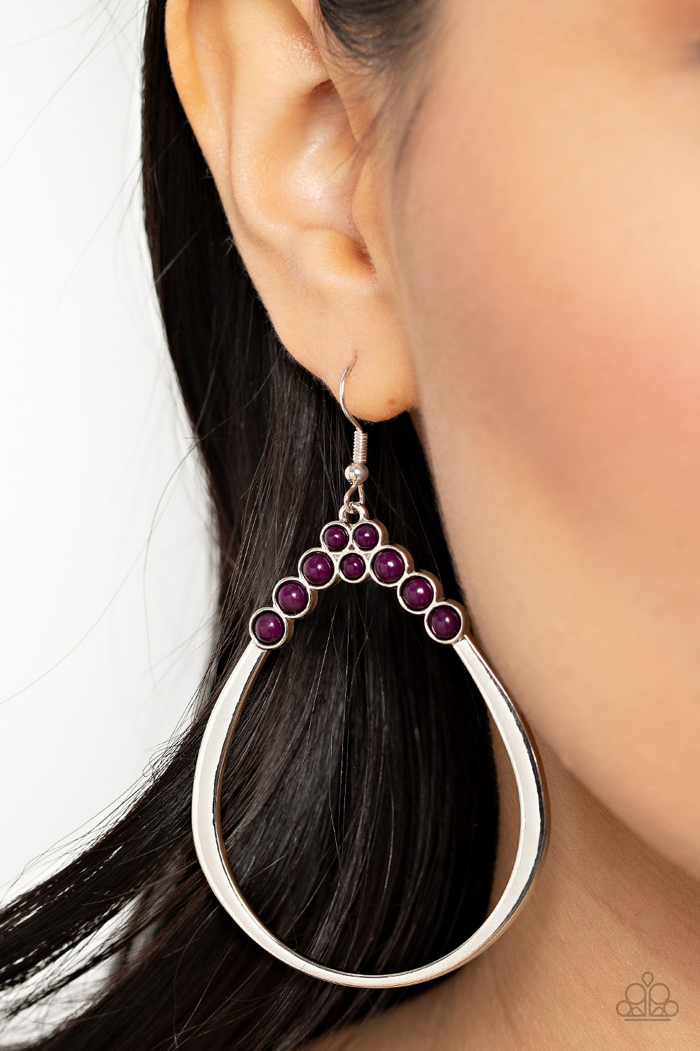 shiny silver teardrop is dotted in dainty plum bead