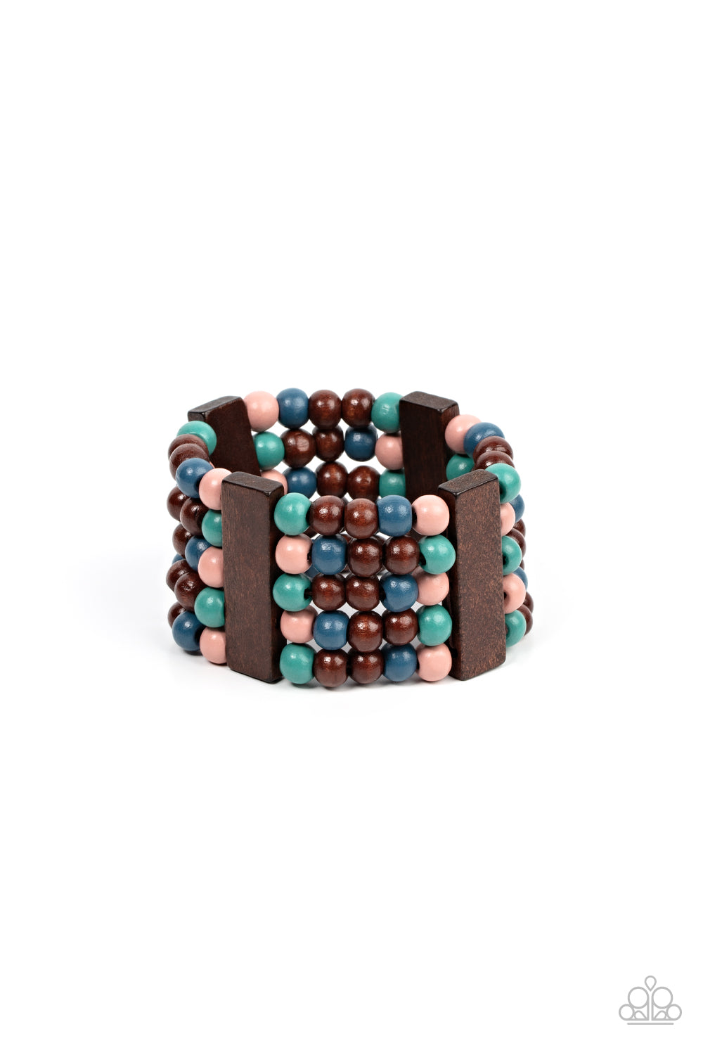 Colorful layers of blue, pink, brown, and turquoise wooden beads are threaded along stretchy bands between brown wooden bars