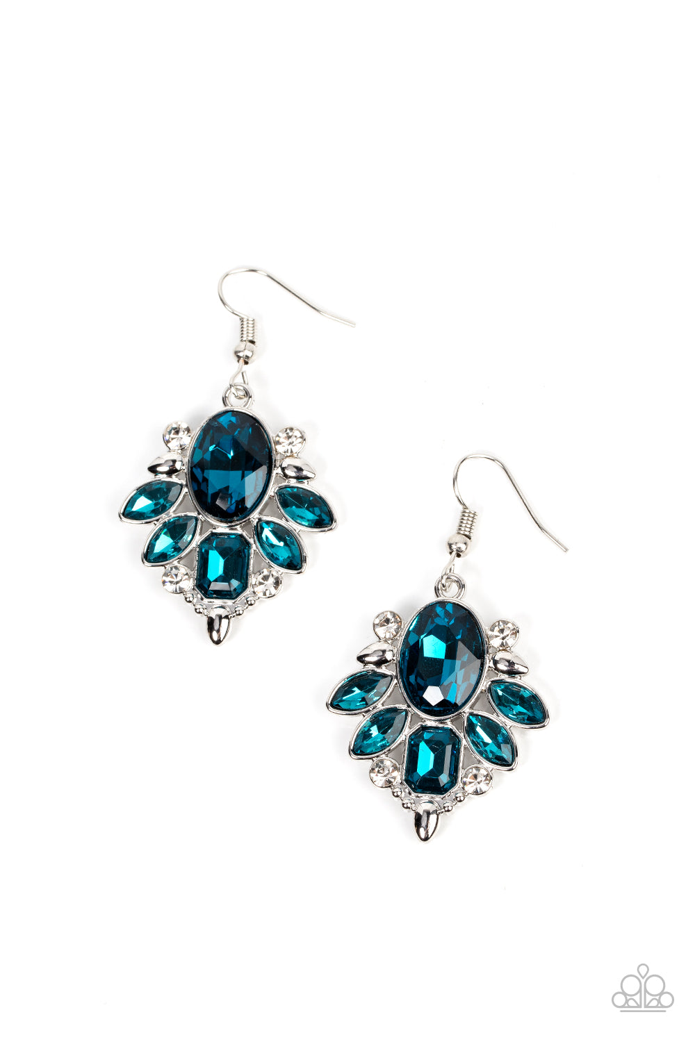 brilliant blue gem makes a sparkling centerpiece amidst a glitzy fringe of marquise and emerald-cut blue rhinestones