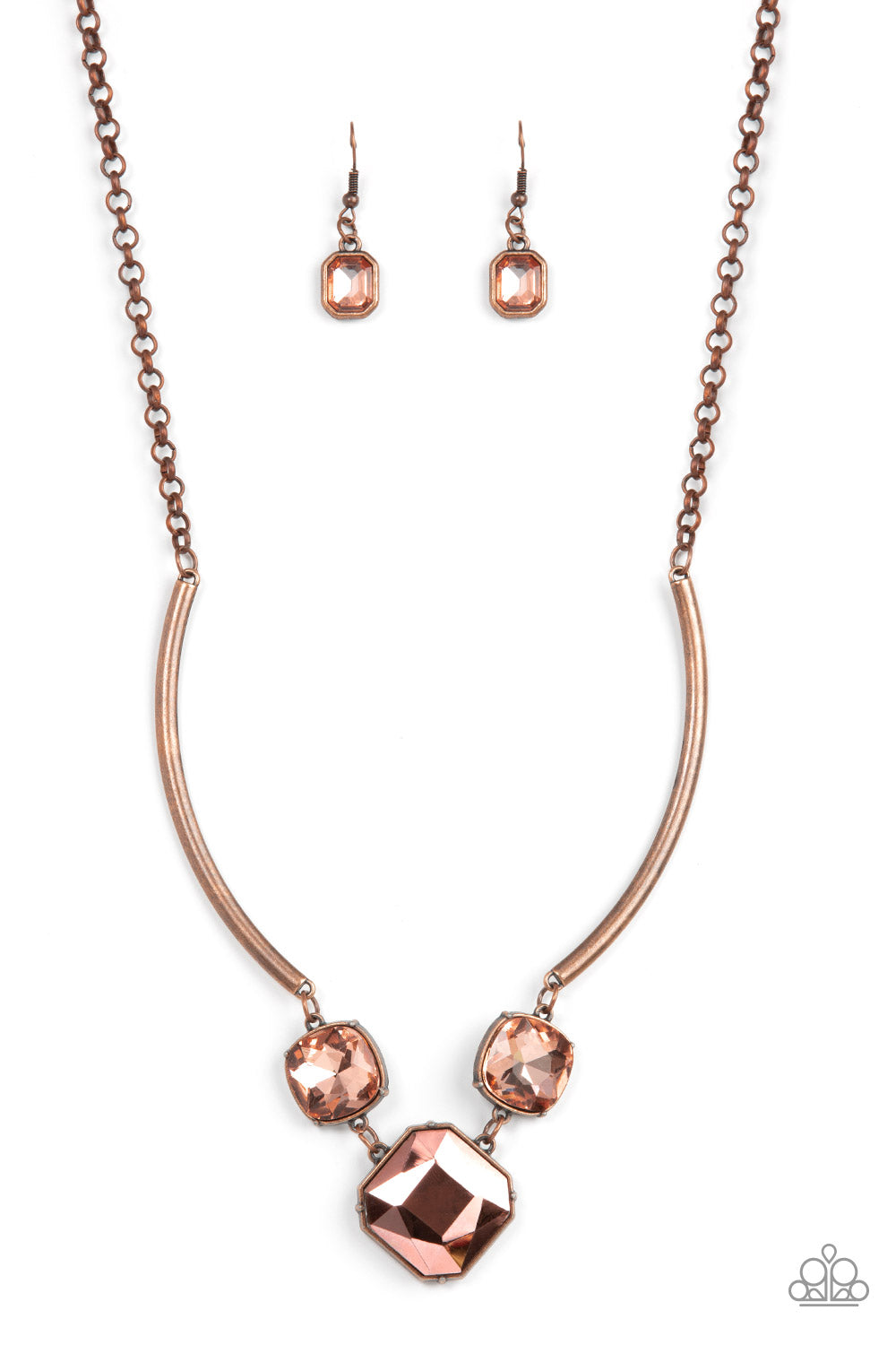 oversized collection of coppery aurum and glassy coppery gems delicately link at the bottom of two curved copper rods