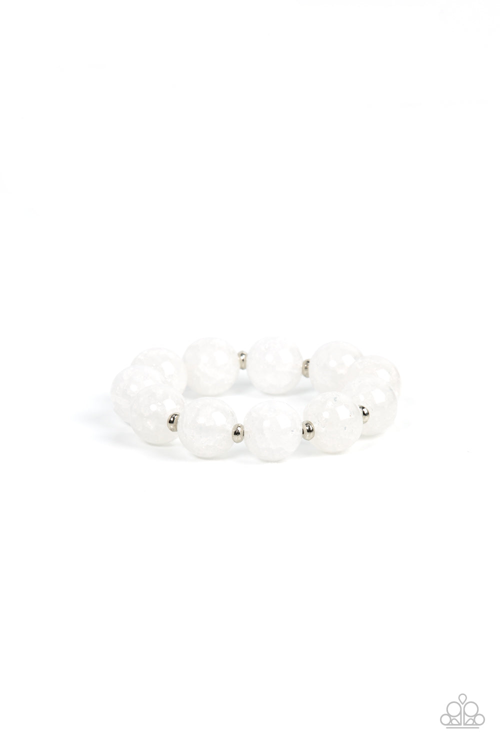 Infused with dainty silver accents, an oversized collection of crackly white glass-like beads are threaded along stretchy bands