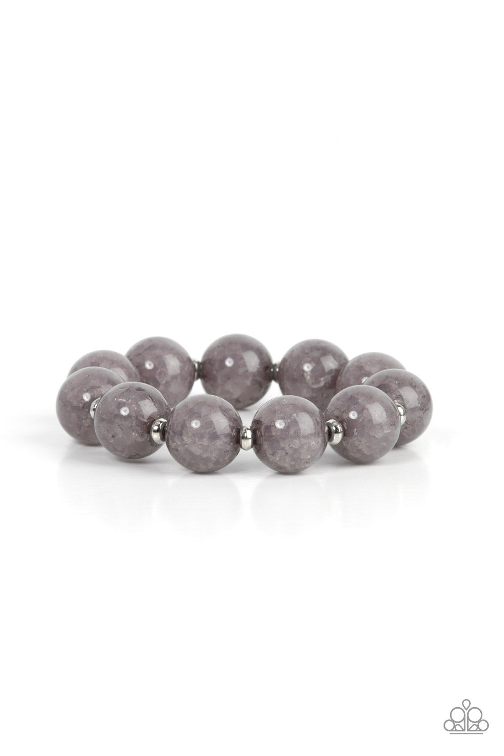 dainty silver accents, an oversized collection of crackly gray glass-like beads are threaded along stretchy bands