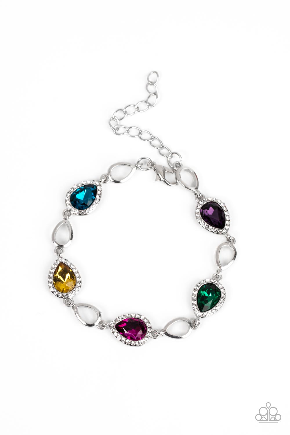 Bordered in glassy white rhinestones, glittery multicolored teardrop gems link with airy silver teardrop frames around the wrist