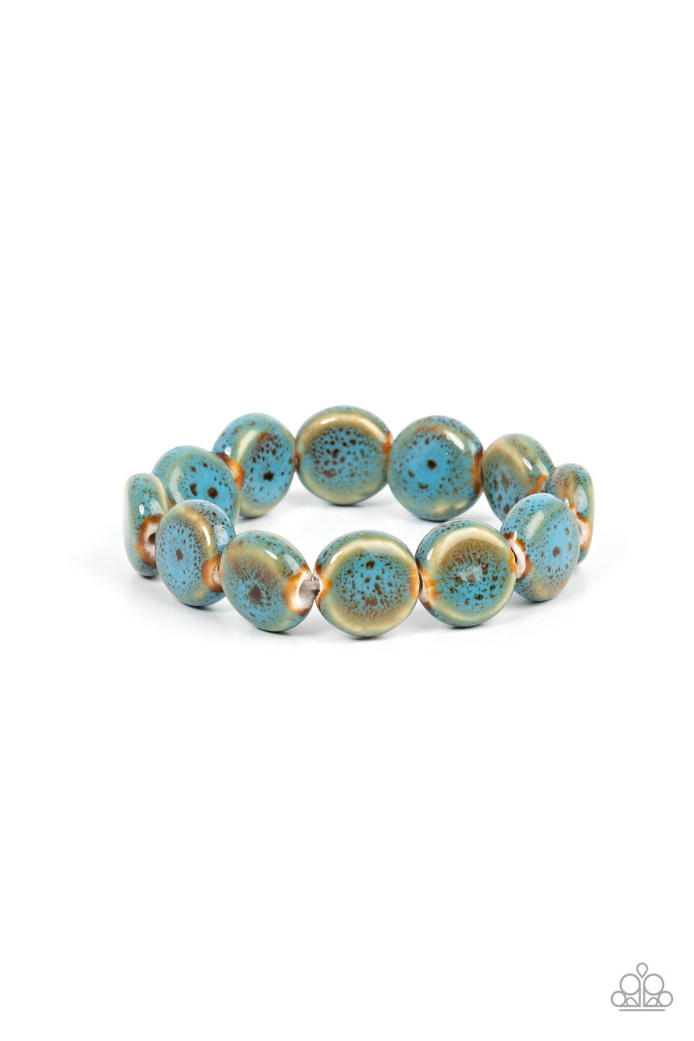 Glazed in a distressed blue finish, an oversized collection of ceramic beads are threaded along a stretchy band