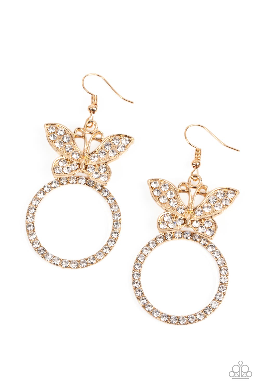 A white rhinestone encrusted gold butterfly flutters atop a gold ring dotted in matching white rhinestones