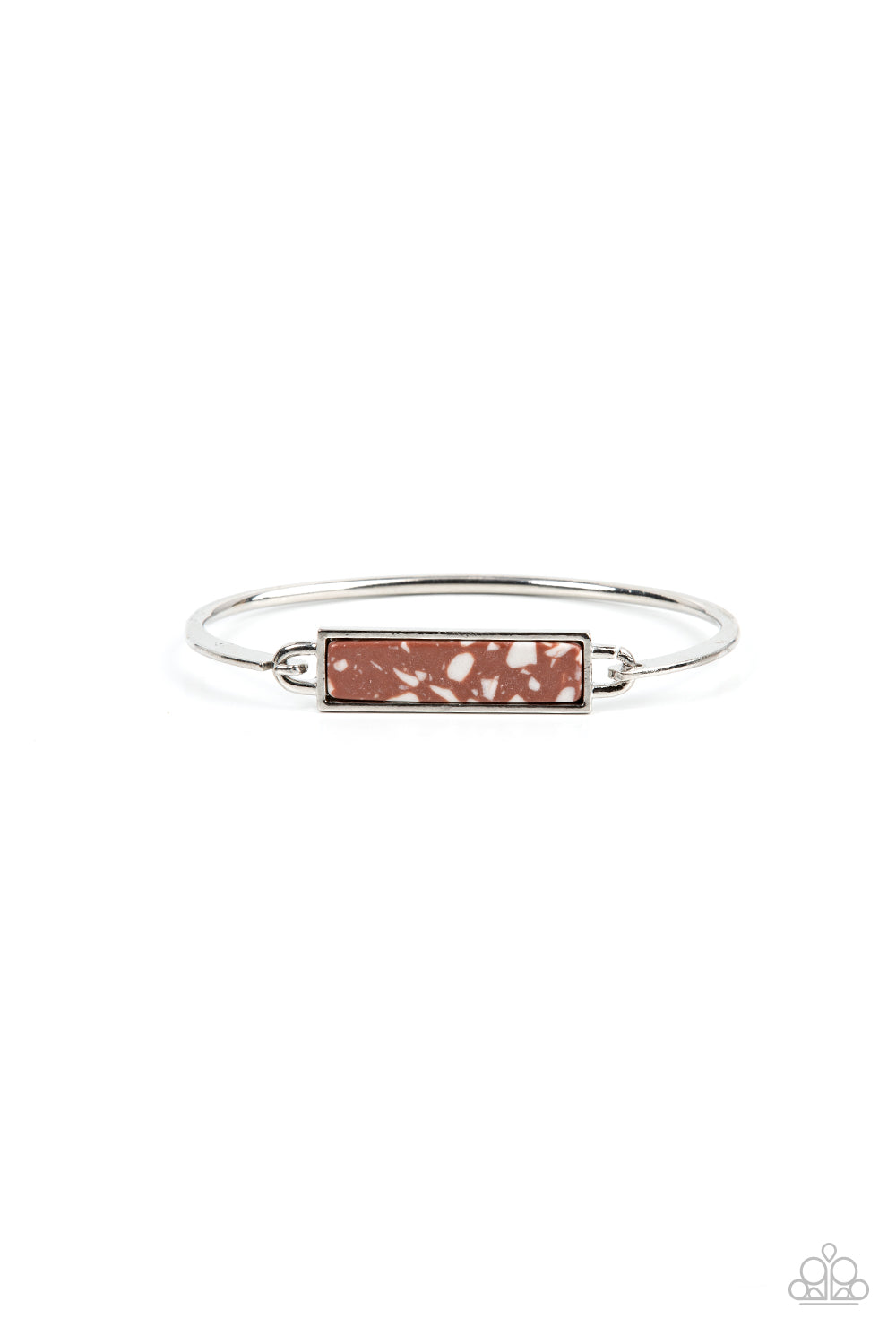sleek silver frame, a brown terrazzo-like stone frame is fitted in place across the center of a dainty silver bangle
