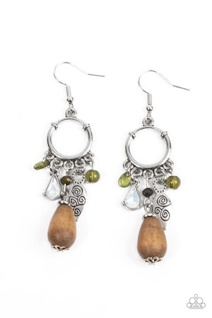 earthy compilation of wooden teardrop beads, dainty Olive Branch and opal crystal-like accents, and mismatched silver accents cascade from the bottom of a dainty silver hoop