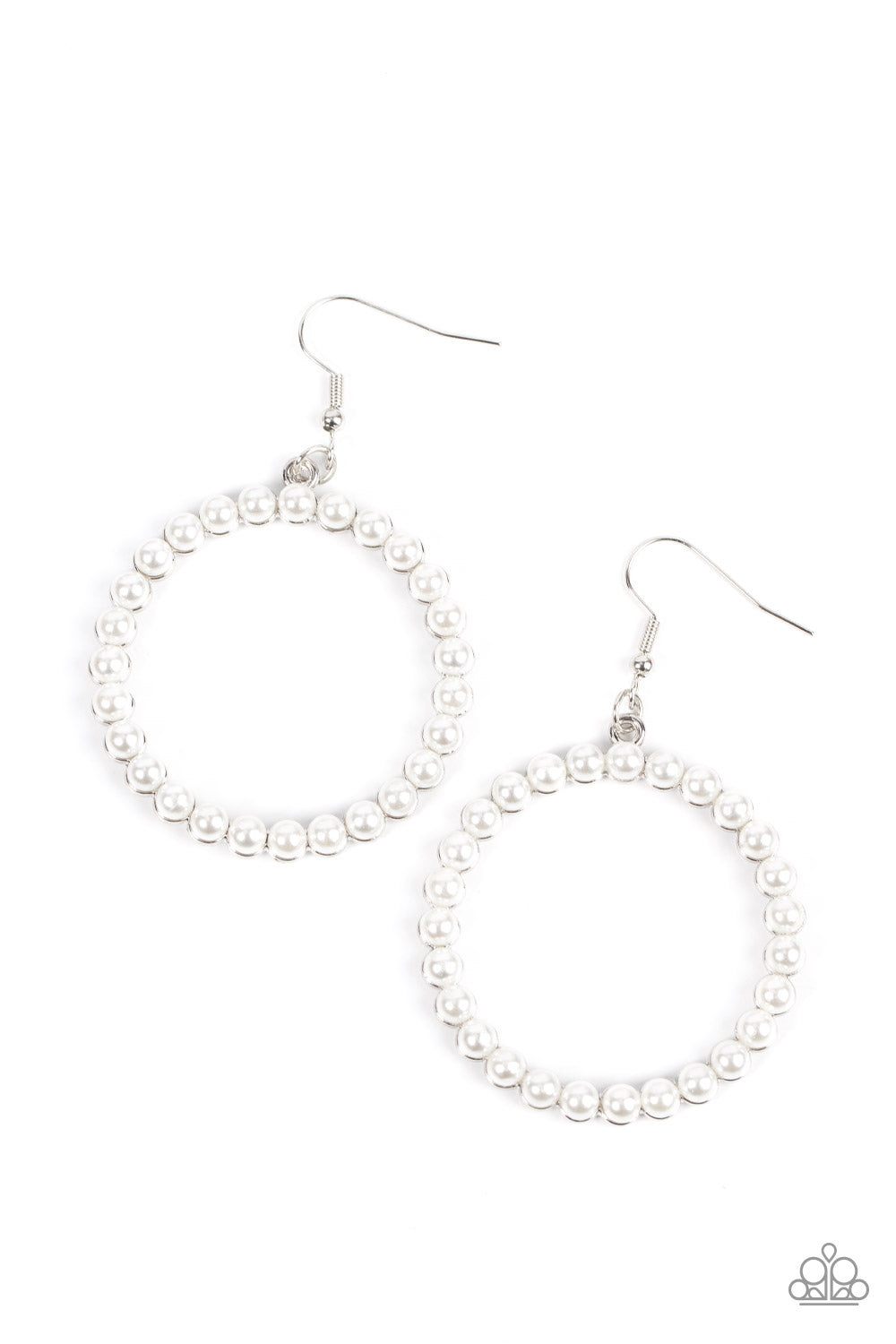 Bubbly white pearls adorn the front of a textured silver hoop