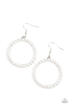 Bubbly white pearls adorn the front of a textured silver hoop