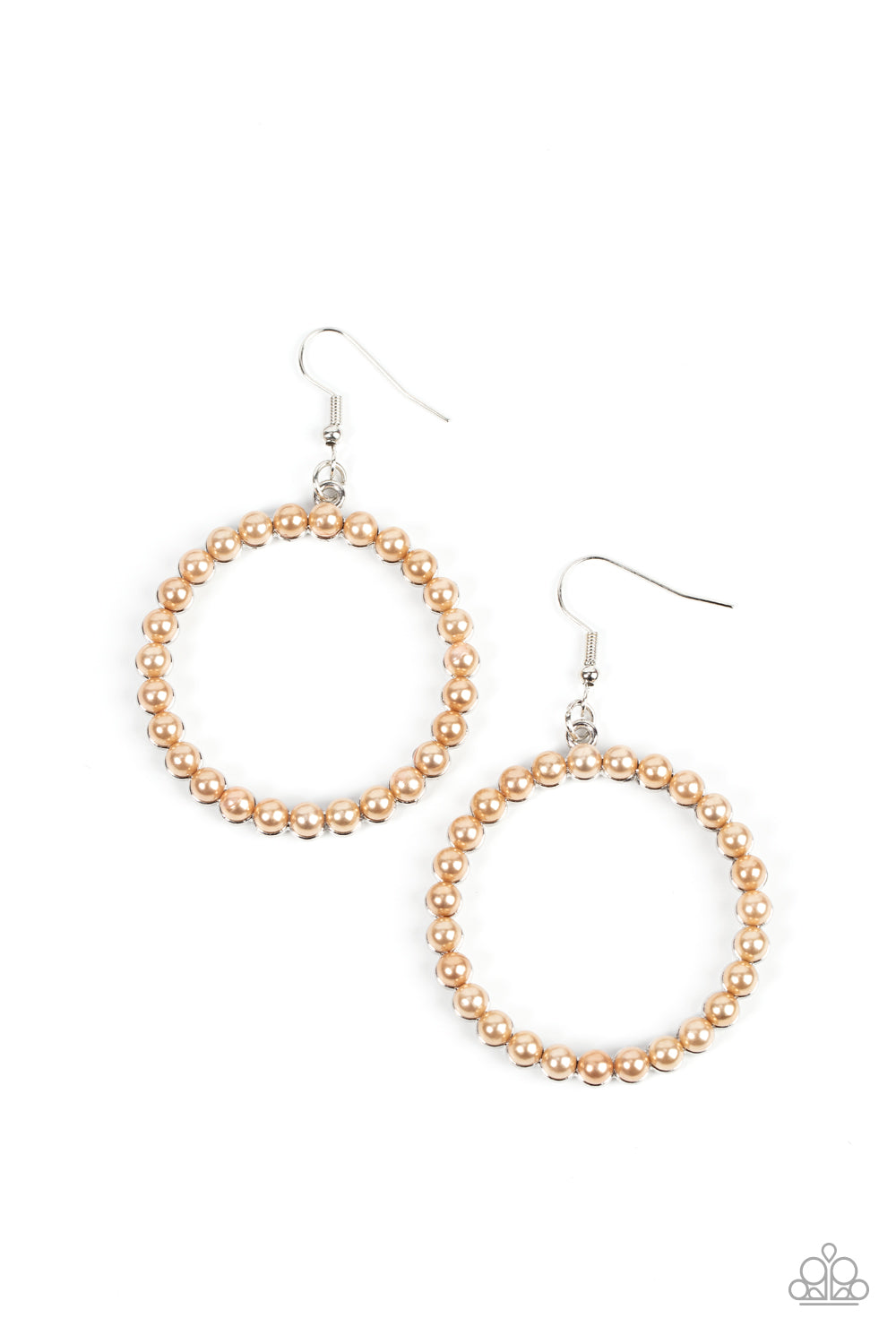 Bubbly brown pearls adorn the front of a textured silver hoop