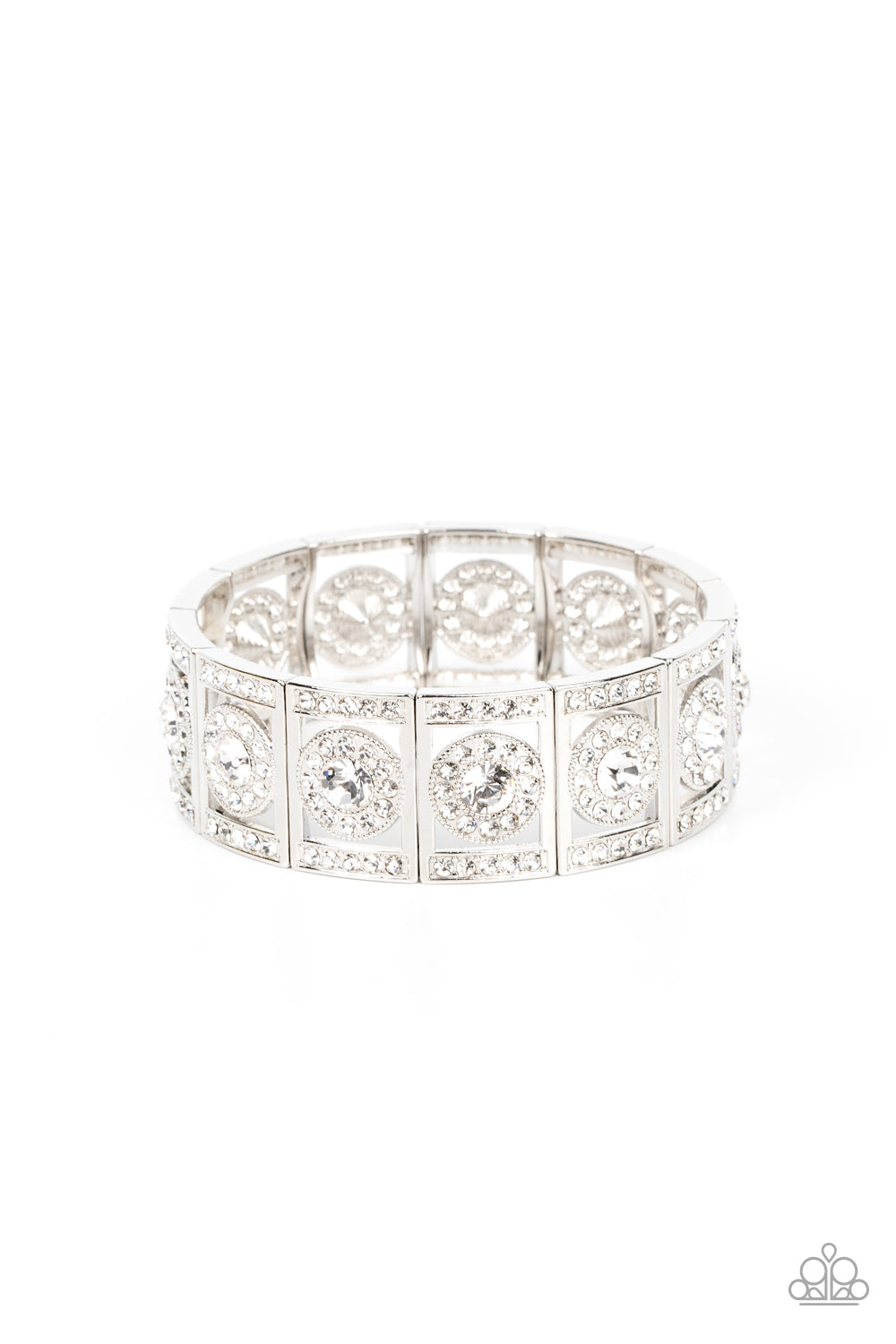 ring of glitzy white rhinestones inside a rectangular silver frame dusted in dazzling white rhinestones
