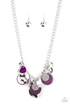 summery collection of bent silver discs, plum shell-like discs, and silver mandala-like accents cascades from a pair of layered silver chains