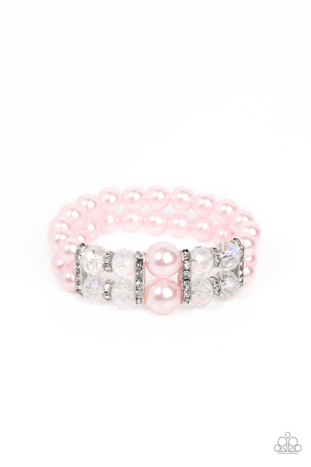 white rhinestone encrusted silver frames, a stretchy pair of bubbly pink pearl bracelets 