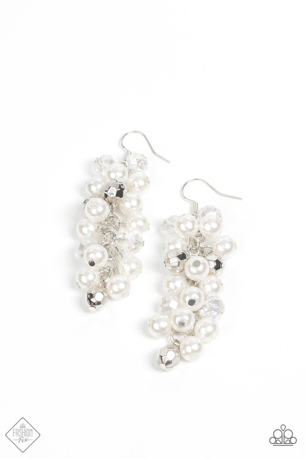 ridescent and silver beads mingle with a cluster of dreamy white pearls resulting in an elegant chandelier that sways below the ear