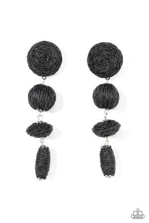 Strands of black crepe-like twine wraps around circle, sphere, oval, and oblong frames that delicately connect into a decorative tassel