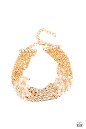  white rhinestone encrusted gold fittings, sections of dainty white pearls and glassy white rhinestones