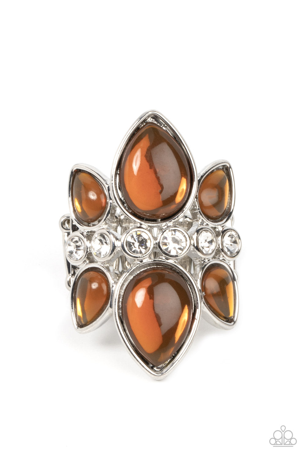 Crowns of glassy brown teardrop beads fan out from a center of glassy white rhinestones, coalescing into an ethereal centerpiece atop the finger