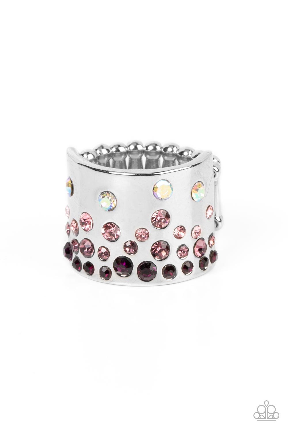 iridescent and glassy finishes, glitzy rows of purple and multicolored rhinestones 