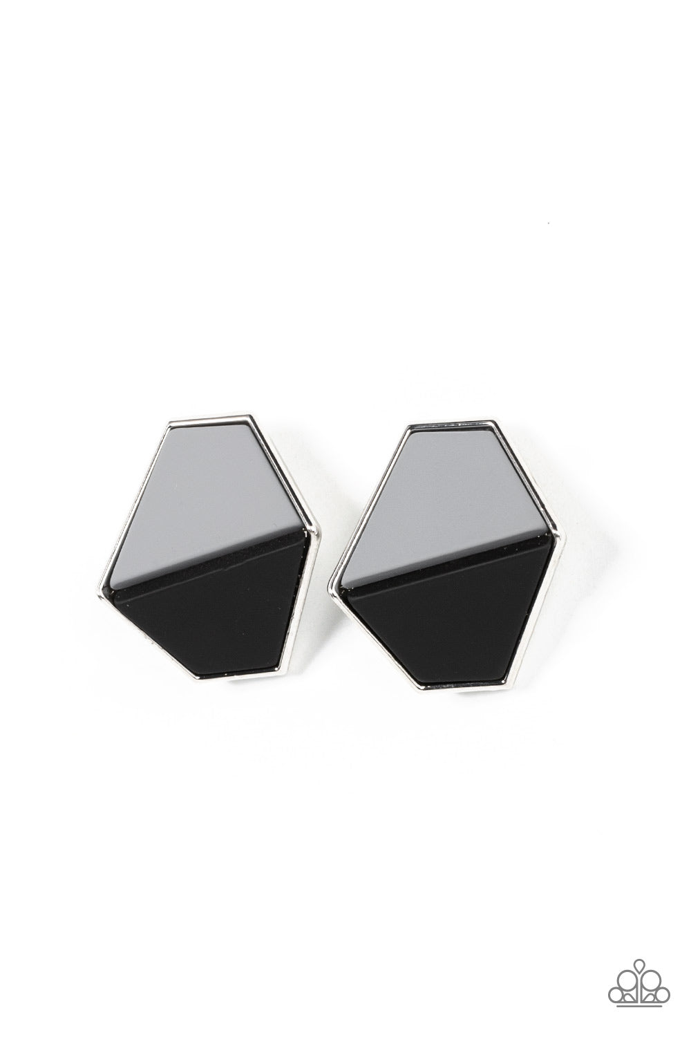  matte finish, gray and black trapezoidal frames are encased in a glistening silver frame that gently folds backwards for added dimension