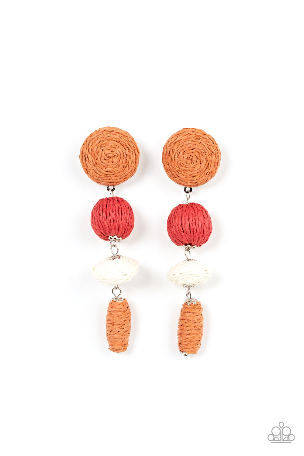 Strands of Adobe, red, white crepe-like twine wraps around circle, sphere, oval, and oblong frames that delicately connect into a decorative tassel 