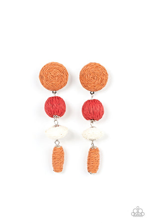 Strands of Adobe, red, white crepe-like twine wraps around circle, sphere, oval, and oblong frames that delicately connect into a decorative tassel 