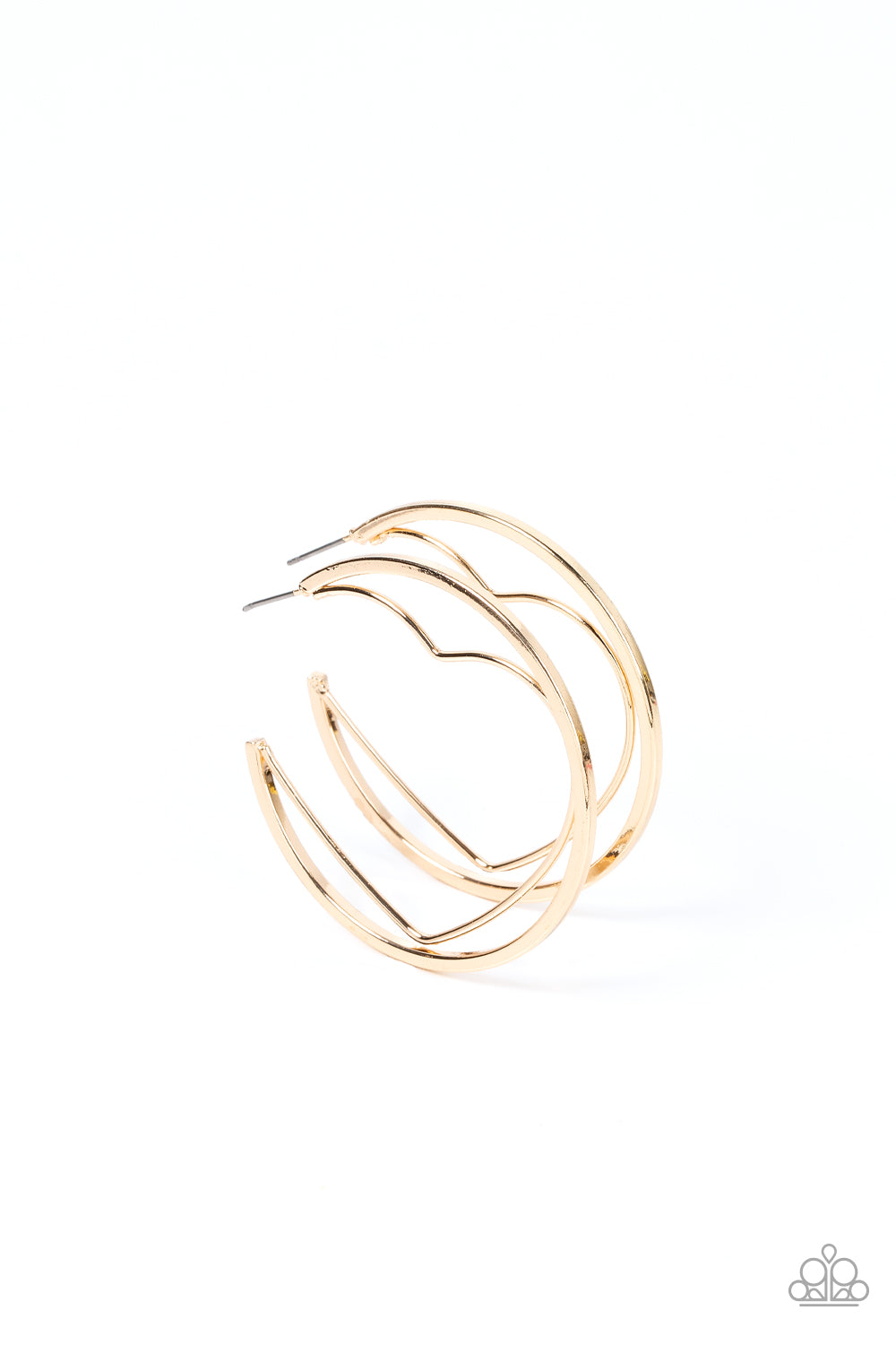 A gold wire heart is encircled in an oversized gold hoop, resulting in a heart-stopping shimmer