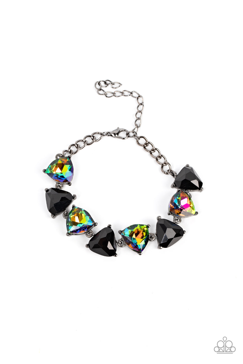 Triangular cut black beads and oil spill gems alternate around the wrist