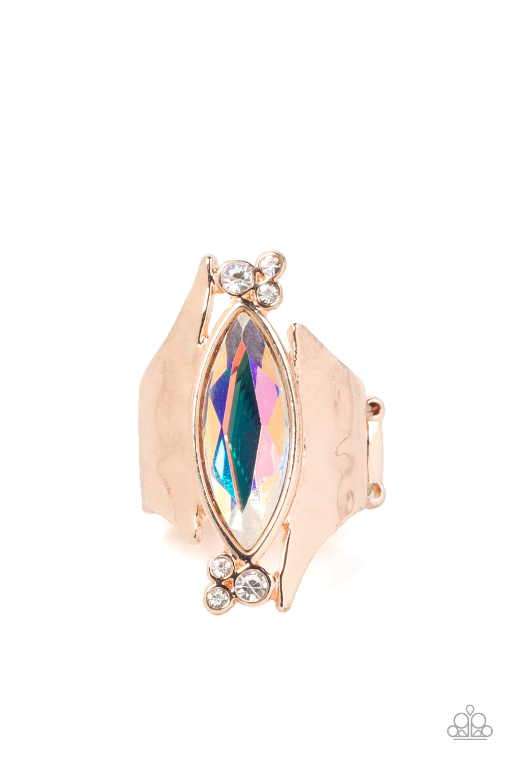 iridescent gem asymmetrically balances between two flared and hammered rose gold frames