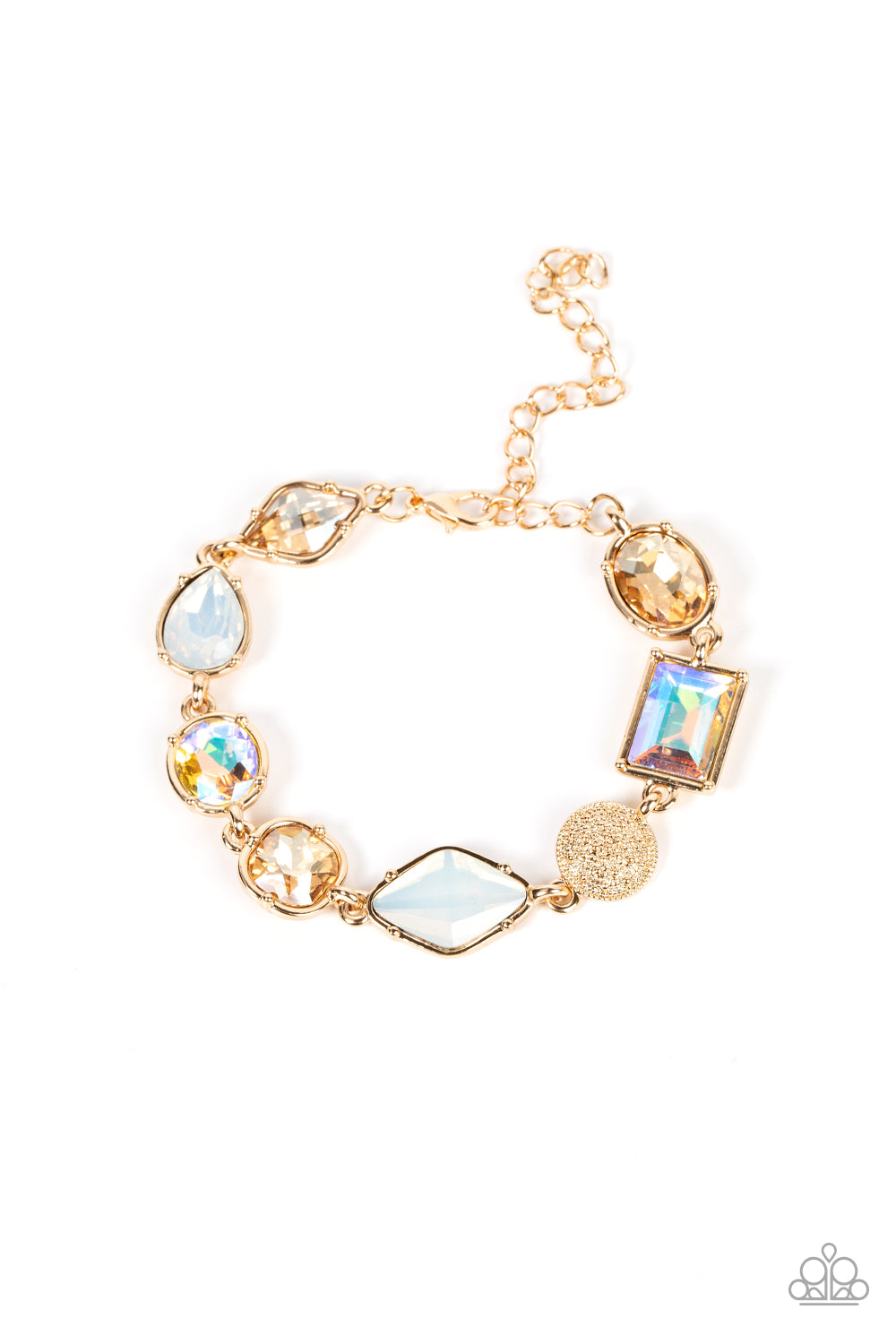 Encased in pronged gold fittings, a mismatched collection of golden, iridescent, and opal rhinestones delicately links with a studded gold frame around the wrist