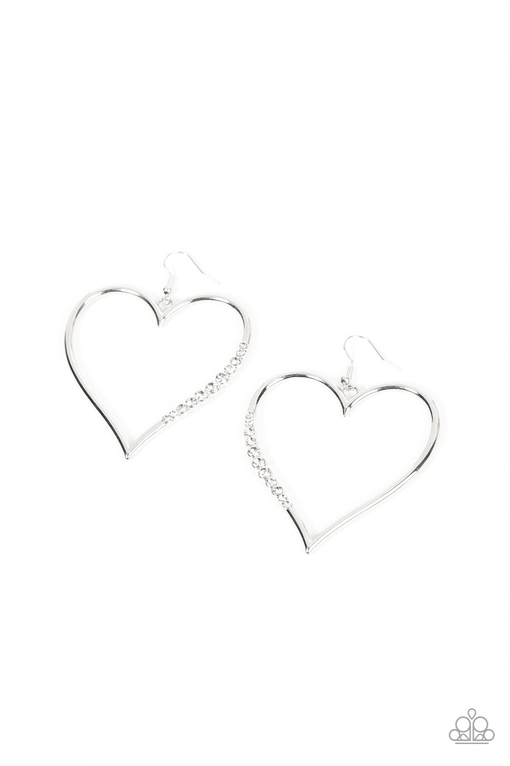 glassy white rhinestones adorns a curvaceous silver heart frame, resulting in a heart-stopping sparkle