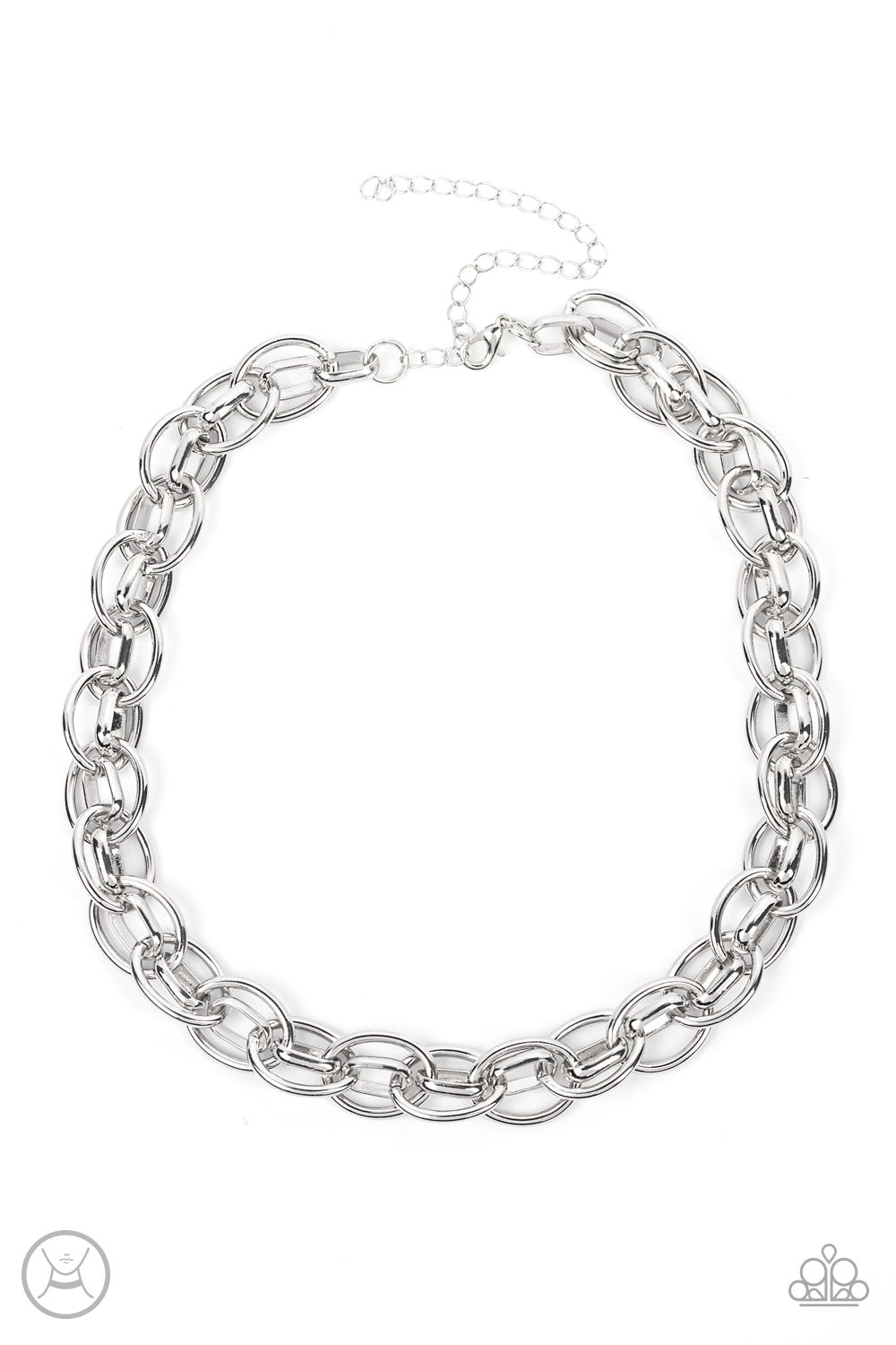 oversized silver chain interlocks with an oval linked chain