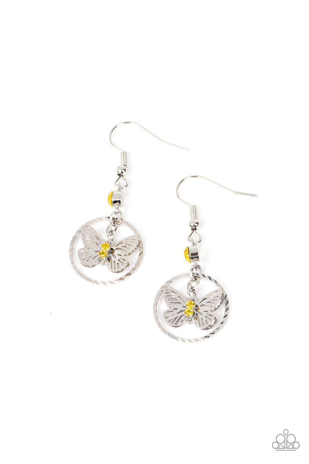 glassy yellow rhinestones, a dainty silver butterfly flutters inside of a textured silver hoop at the bottom of a solitaire yellow rhinestone