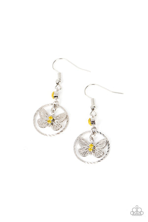 glassy yellow rhinestones, a dainty silver butterfly flutters inside of a textured silver hoop at the bottom of a solitaire yellow rhinestone