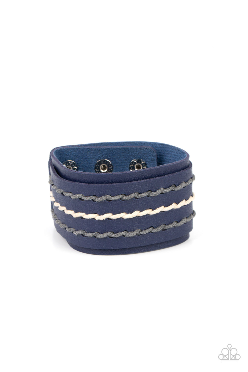 Three rows of gray and white cording are laced down the center of a blue leather band that is studded in place across the front of a thick blue leather band