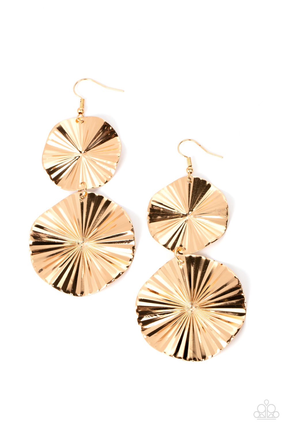 Crinkled with texture, folded gold discs radiate as they delicately link into a tactile lure