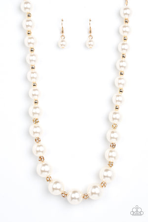 bubbly white pearls alternate with glistening gold beads and white rhinestones