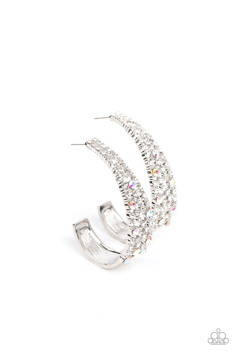 Iridescent rhinestones silvery backdrop of icy white rhinestones  curves into a solid silver J-hoop
