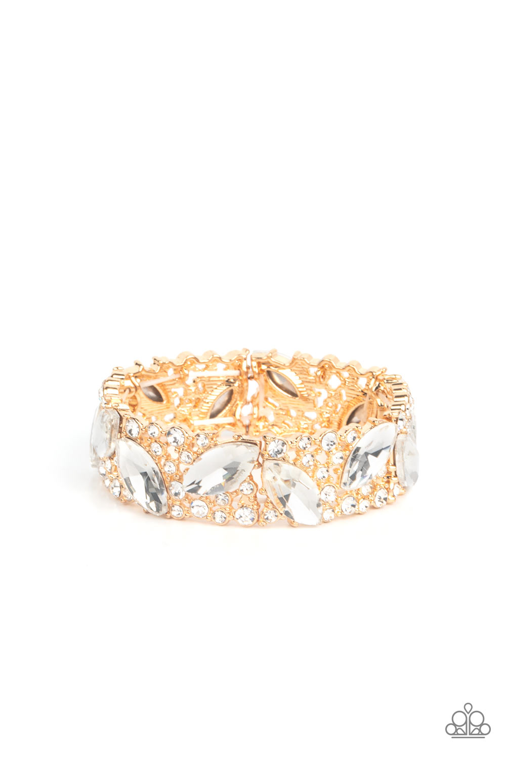 Oversized marquise cut white rhinestones sparkle atop icy frames of dainty gold studs