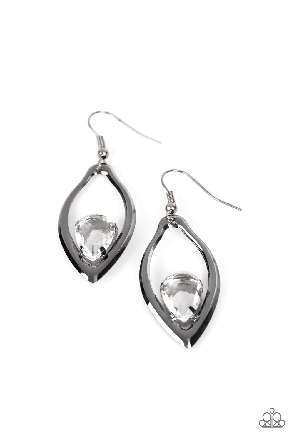 A smoky teardrop gem is nestled inside the bottom of a warped gunmetal frame