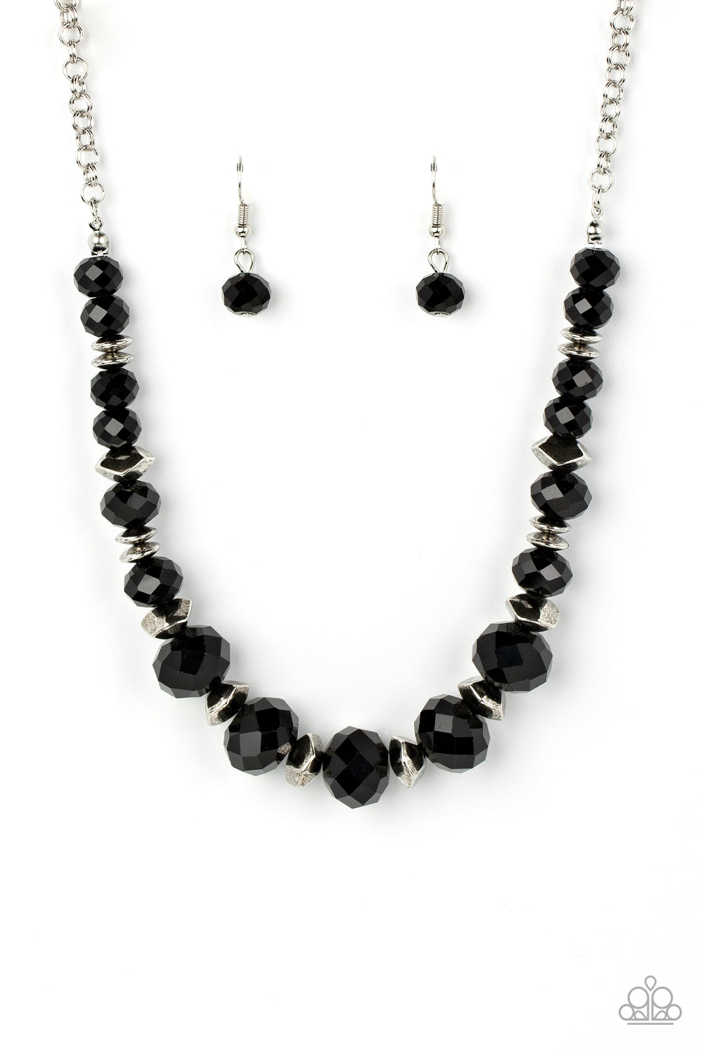silver discs and faceted silver accents, faceted black crystal-like gems are threaded along an invisible wire below the collar