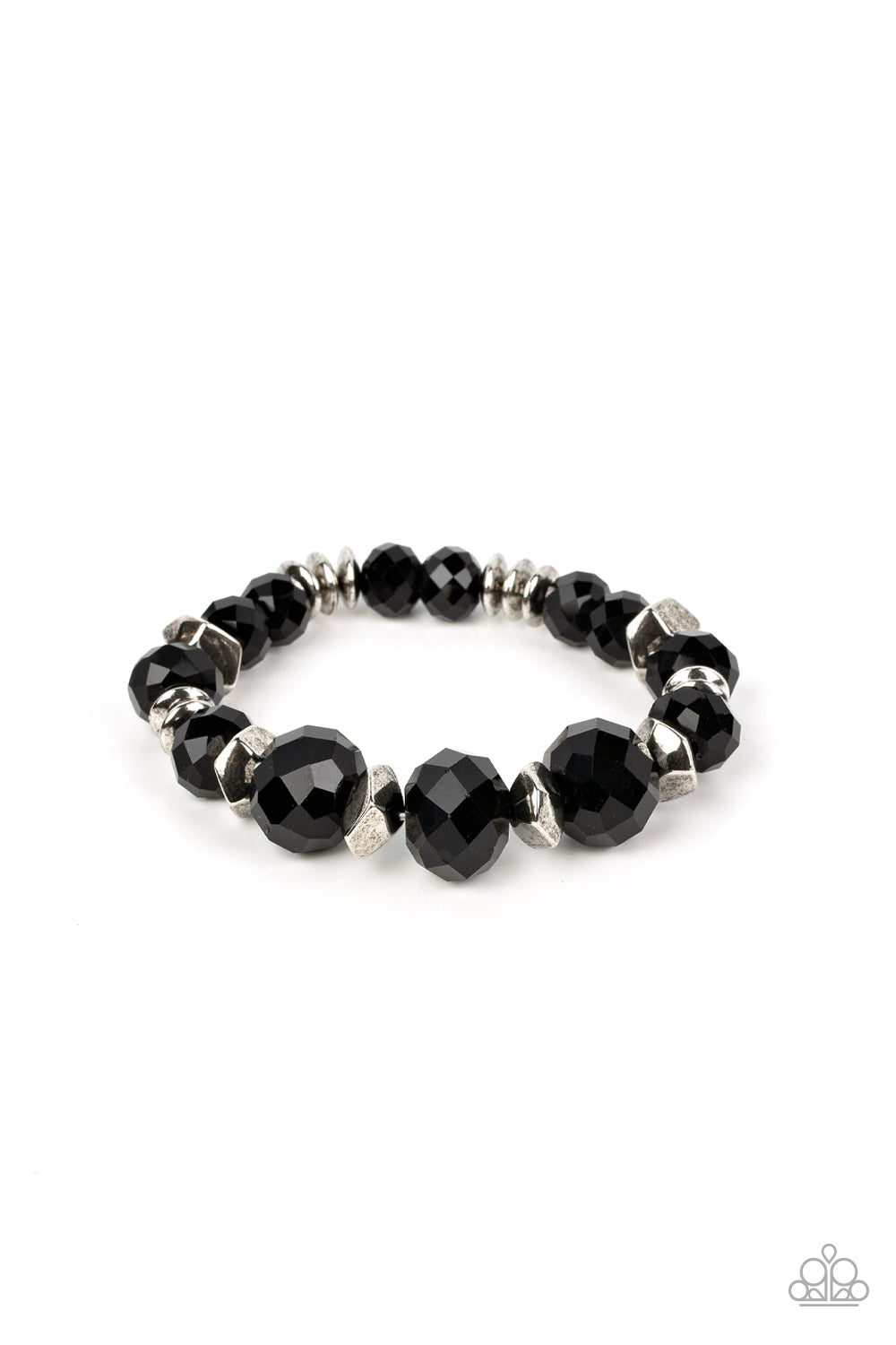 silver discs and faceted silver accents, faceted black crystal-like gems are threaded along stretchy bands around the wrist