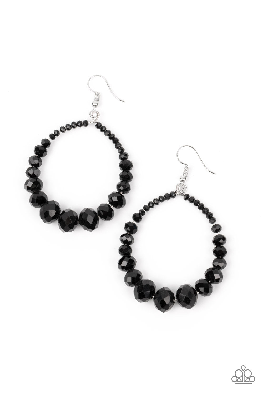 flashy faceted finish, glittery black gems gradually increase in size as they glide along a wire hoop