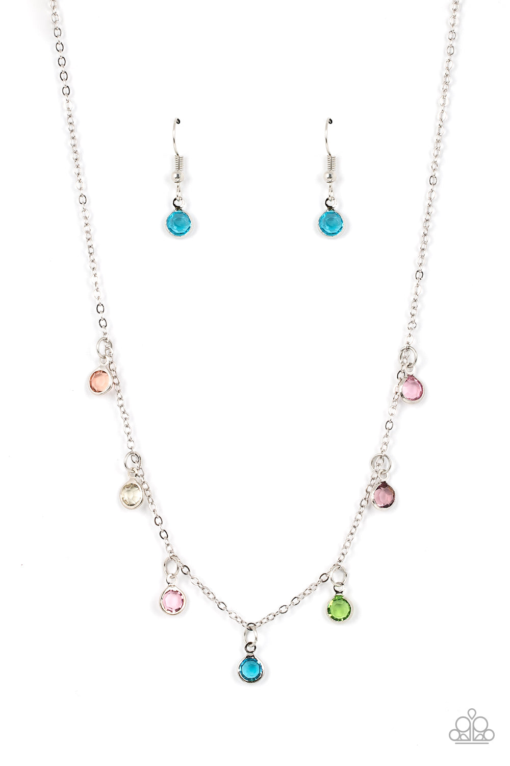  a dainty collection of glassy multicolored gems twinkles along a dainty silver chain