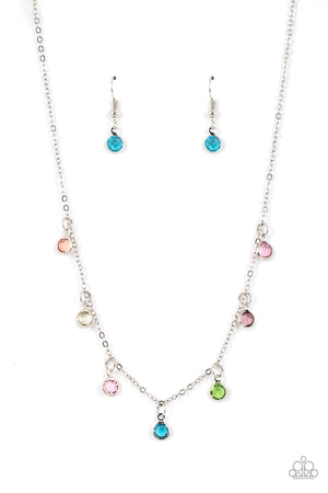  a dainty collection of glassy multicolored gems twinkles along a dainty silver chain